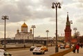 City landscape - the embankment of Moscow, the Cathedral of Christ the Savior and the Kremlin tower. Urban landscape Ã¢â¬â it is Royalty Free Stock Photo